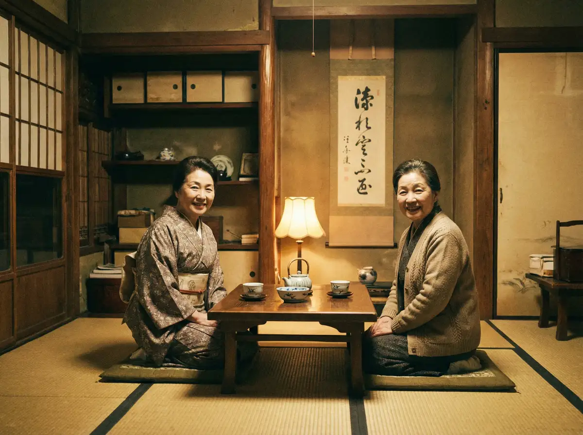 两位优雅的 必威体育 在日式茶室中品茶交谈